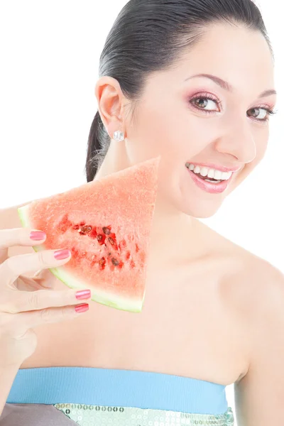 Leuke vrouw met rode watermeloen op de witte achtergrond — Stockfoto