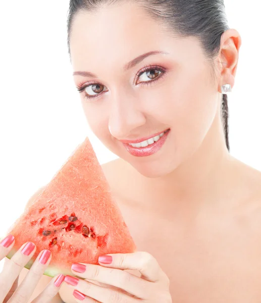 在白色背景上的红色西瓜的可爱女人 — 图库照片