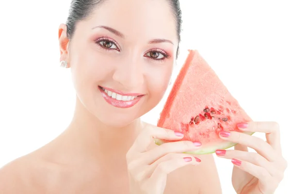 Cute woman with red watermelon on the white background — Stock Photo, Image