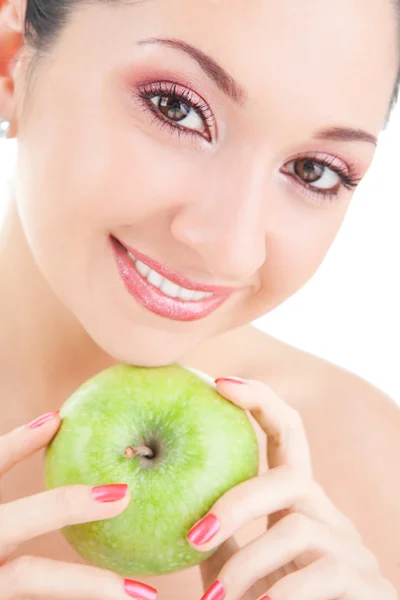 Zoet meisje eten groene appel op witte achtergrond — Stockfoto