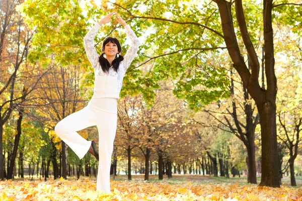 Bella donna che fa esercizi di yoga nel parco autunnale — Foto Stock