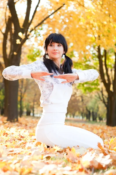 Bella donna che fa esercizi di yoga nel parco autunnale — Foto Stock