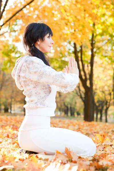 Hübsche Frau macht Yoga-Übungen im Herbstpark — Stockfoto