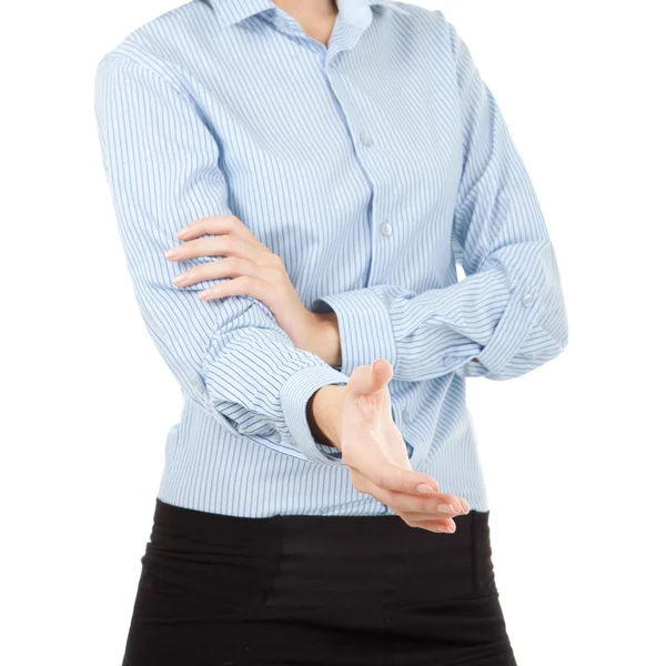 Young woman gives hand for business handshake, isolated on the w — Stock Photo, Image