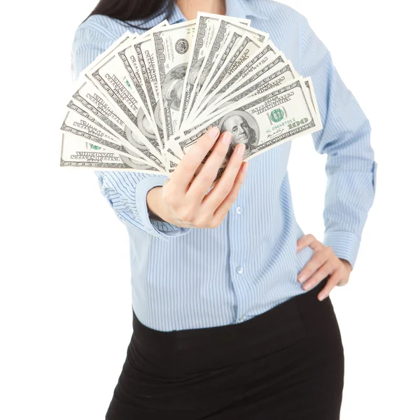 Jovem mulher de negócios com pilha de dinheiro — Fotografia de Stock
