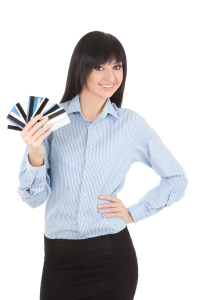 Jovem mulher de negócios com um cartão bancário, isolado na ba branca — Fotografia de Stock