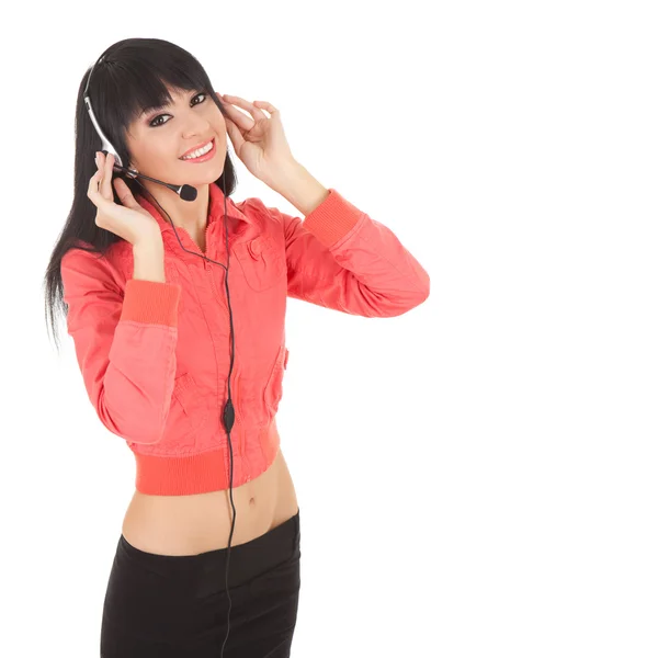 Весела жінка-оператор в навушниках — стокове фото