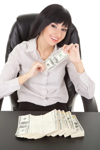 Elegant business woman with pile of money — Stock Photo, Image