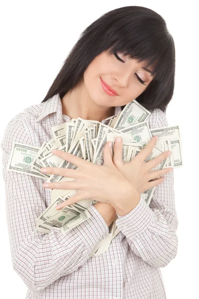 Young business woman with pile of money — Stock Photo, Image