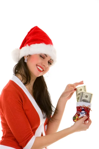 Glückliche Weihnachtsfrau mit Geld — Stockfoto