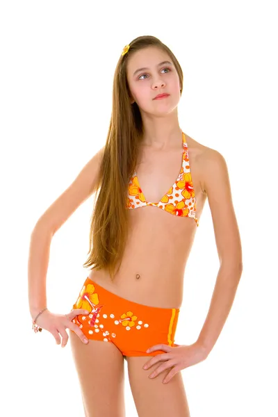 Fun Girl Swimsuit Isolated White Background — Stock Photo, Image