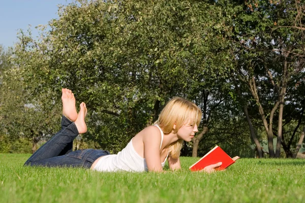 Nuori blondi lukee kirjaa puistossa — kuvapankkivalokuva