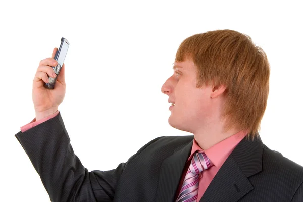 stock image Business man with telephone isolated in white background