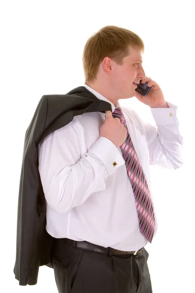 Homem de negócios com telefone isolado em fundo branco — Fotografia de Stock