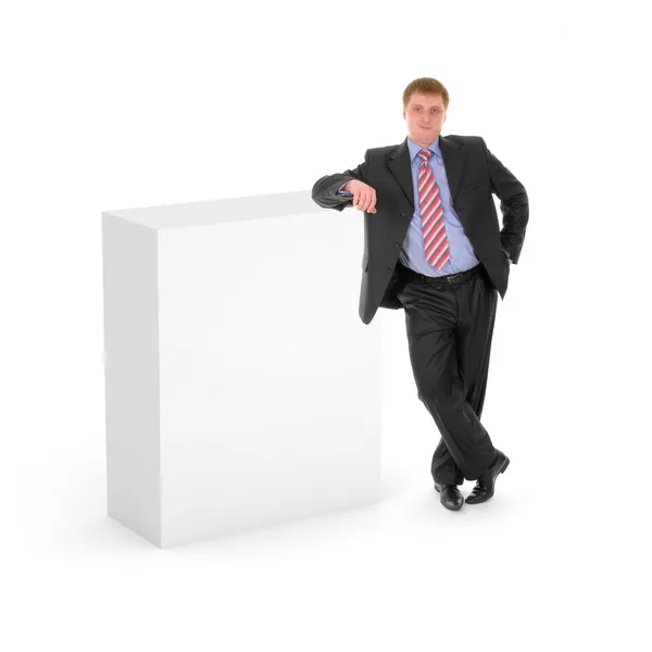 Caja en blanco con hombre de negocios — Foto de Stock