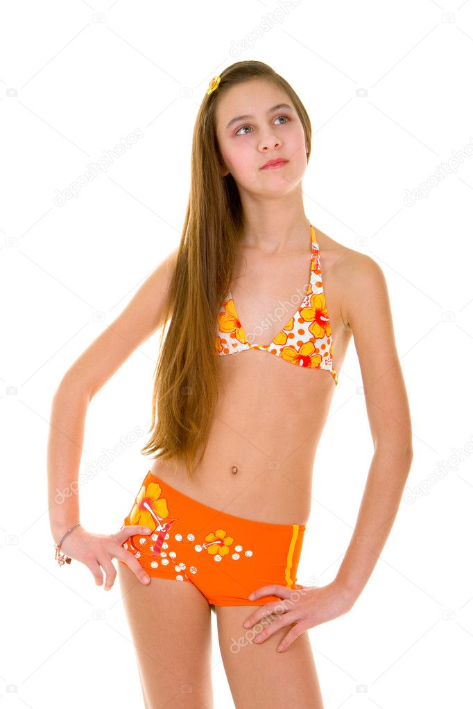 fun girl in swimsuit isolated on the white background