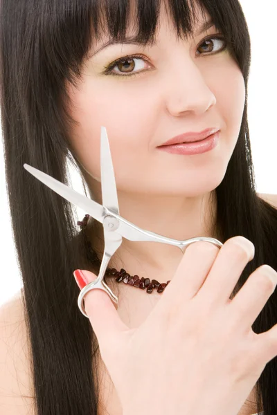 Lovely brunette with scissors of the hairdresser — Stock Photo, Image