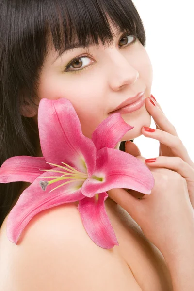 Fiatal csinos nő, liliom virág — Stock Fotó