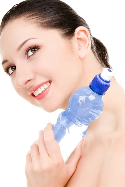 Mulher bonita com garrafa de água limpa — Fotografia de Stock