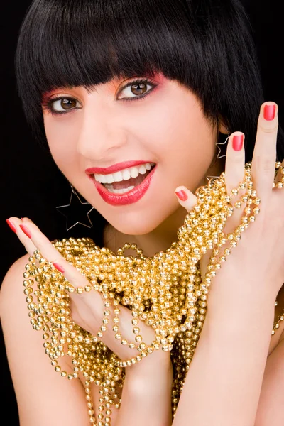 Portrait of fashion woman with gold necklace — Stock Photo, Image