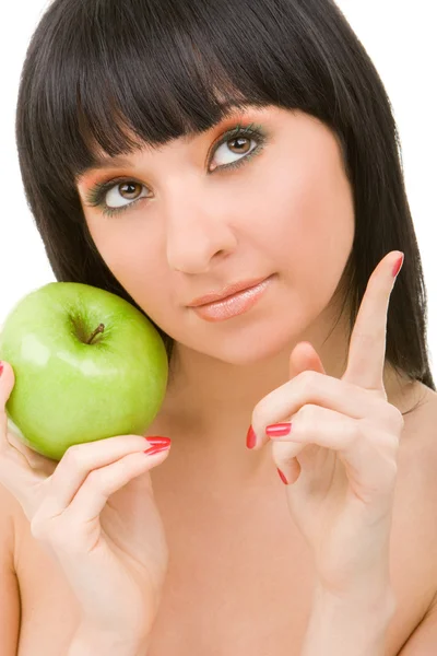 Bonita mujer con manzana verde aislada sobre fondo blanco — Foto de Stock