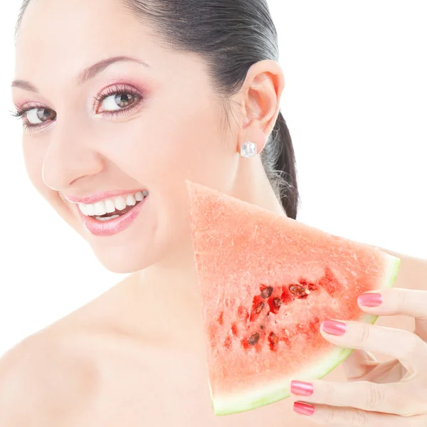 Niedliche Frau mit roter Wassermelone auf weißem Hintergrund — Stockfoto