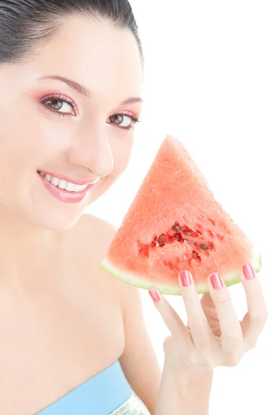 Roztomilá žena s červenými meloun na bílém pozadí — Stock fotografie