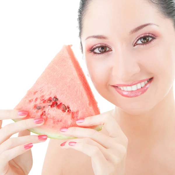Cute woman with red watermelon on the white background — Stock Photo, Image
