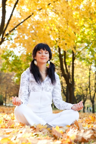 Jolie femme faisant des exercices de yoga dans le parc d'automne — Photo