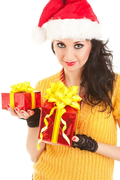 Divertido santa mulher com presentes de Natal — Fotografia de Stock