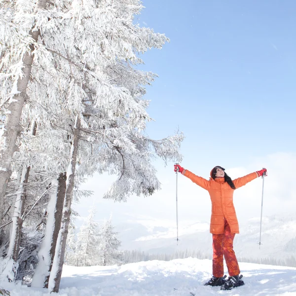 Happy girl with ski in the winter landscape — Stock Photo, Image