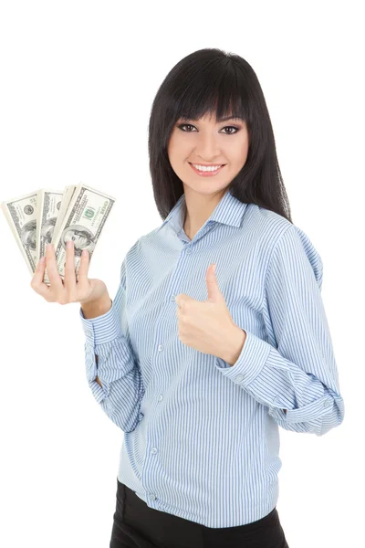 Kobieta młody biznes z kupę pieniędzy — Zdjęcie stockowe