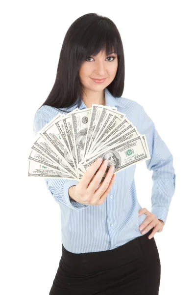 Jeune femme d'affaires avec pile d'argent — Photo