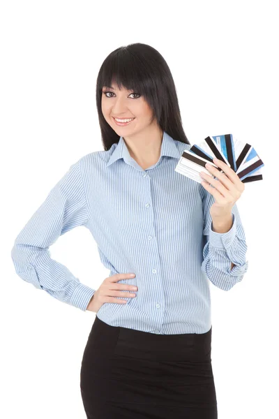 Joven mujer de negocios con tarjetas bancarias, aislada en la ba blanca — Foto de Stock