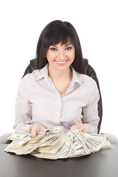 Elegante zakenvrouw met stapel geld — Stockfoto