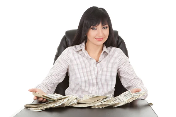 Elegant business woman with pile of money — Stock Photo, Image