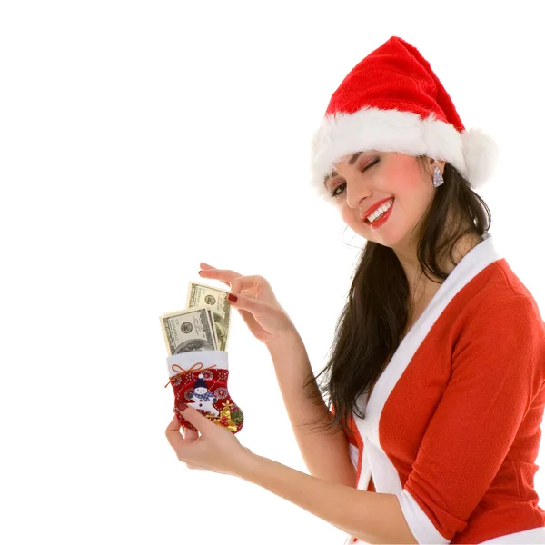 Ευτυχισμένη γυναίκα santa με χρήματα — Φωτογραφία Αρχείου