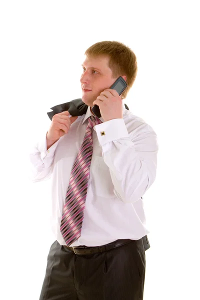 Beyaz arka planda izole telefon ile iş adamı — Stok fotoğraf