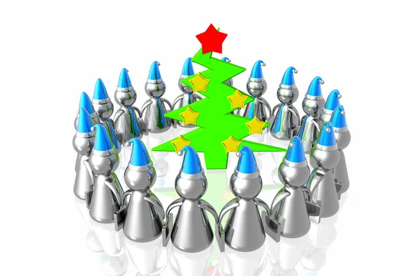 Zakelijke team in santa hoeden en kerst boom — Stockfoto