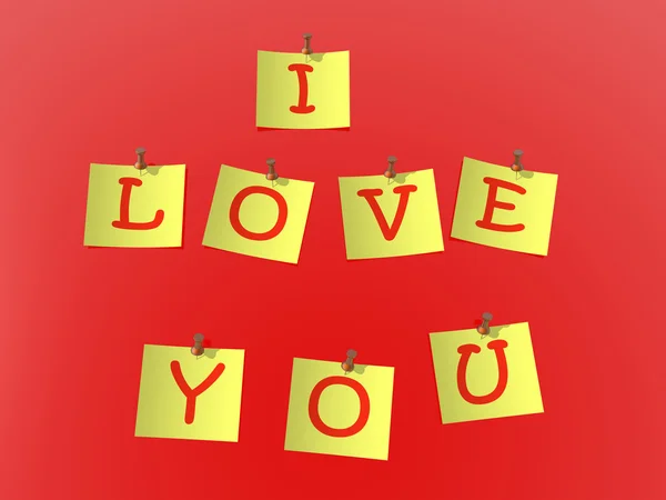 Carta gialla appuntato su uno sfondo rosso con iscrizione "I love — Foto Stock