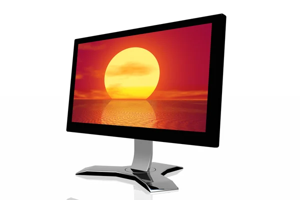 3d monitor with golden sunset background — Stock Photo, Image