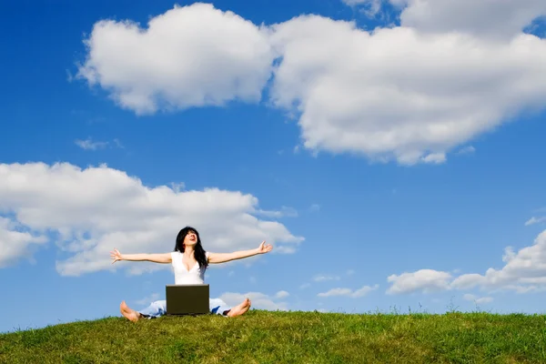 stock image Pretty woman with laptop on the green grass