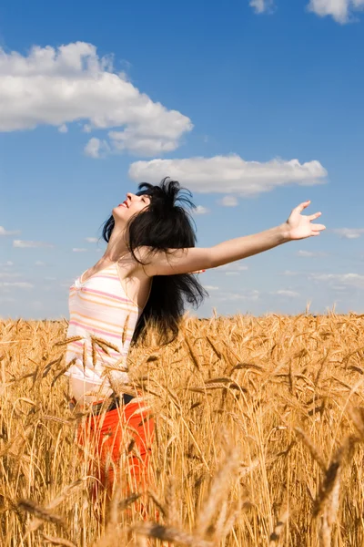 Donna felice nel grano dorato — Foto Stock