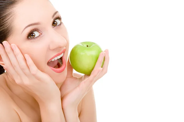 Ładna kobieta z zielonym jabłkiem — Zdjęcie stockowe
