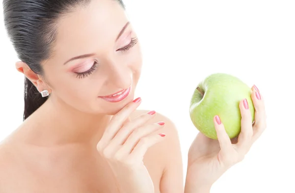 Krásná žena s zelené jablko izolovaných na bílém pozadí — Stock fotografie