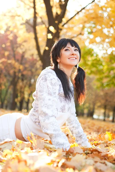 Ładna kobieta robi ćwiczenia jogi w parku jesień — Zdjęcie stockowe