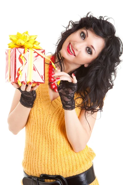 Fun woman with christmas gift — Stock Photo, Image