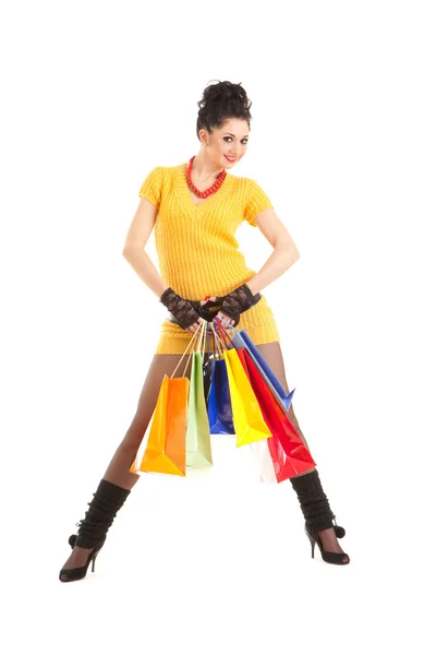 Donna di moda con pacchetti di colori — Foto Stock