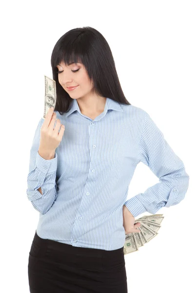 Young business woman with pile of money — Stock Photo, Image