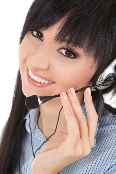 Mujer-operadora de negocios en auriculares —  Fotos de Stock